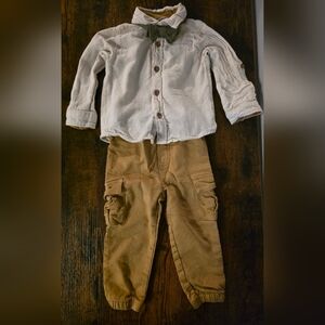 Little Lad Cream Green & Tan Matching Dress Outfit With Bowtie - 18 Months